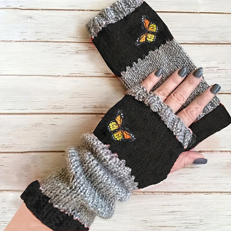 Retro Knitted Gloves For Women Butterfly Embroidery Pattern Wool Knitted Fingerless Mittens Girls Winter Gloves Christmas Gift