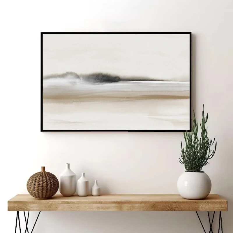 Abstract Beige Black Grey Painting Watercolor Landscape Minimalist Canvas Poster Wall Art Pictures for Living Room Home Decor