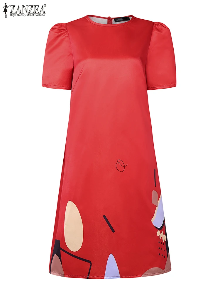 ZANZEA แฟชั่นการพิมพ์ผู้หญิง A-Line Robes Femme เดินทางสํานักงาน O-คอชุดมินิฤดูร้อนที่หรูหราแขนสั้นพัฟชุดซาติน