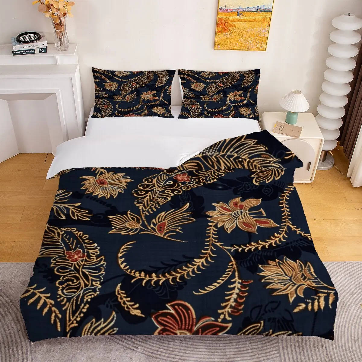 Golden lotus  Down comforter set, extra large size  Blue curly leaves  Duvet cover set, 1 duvet cover and 2 pillowcases