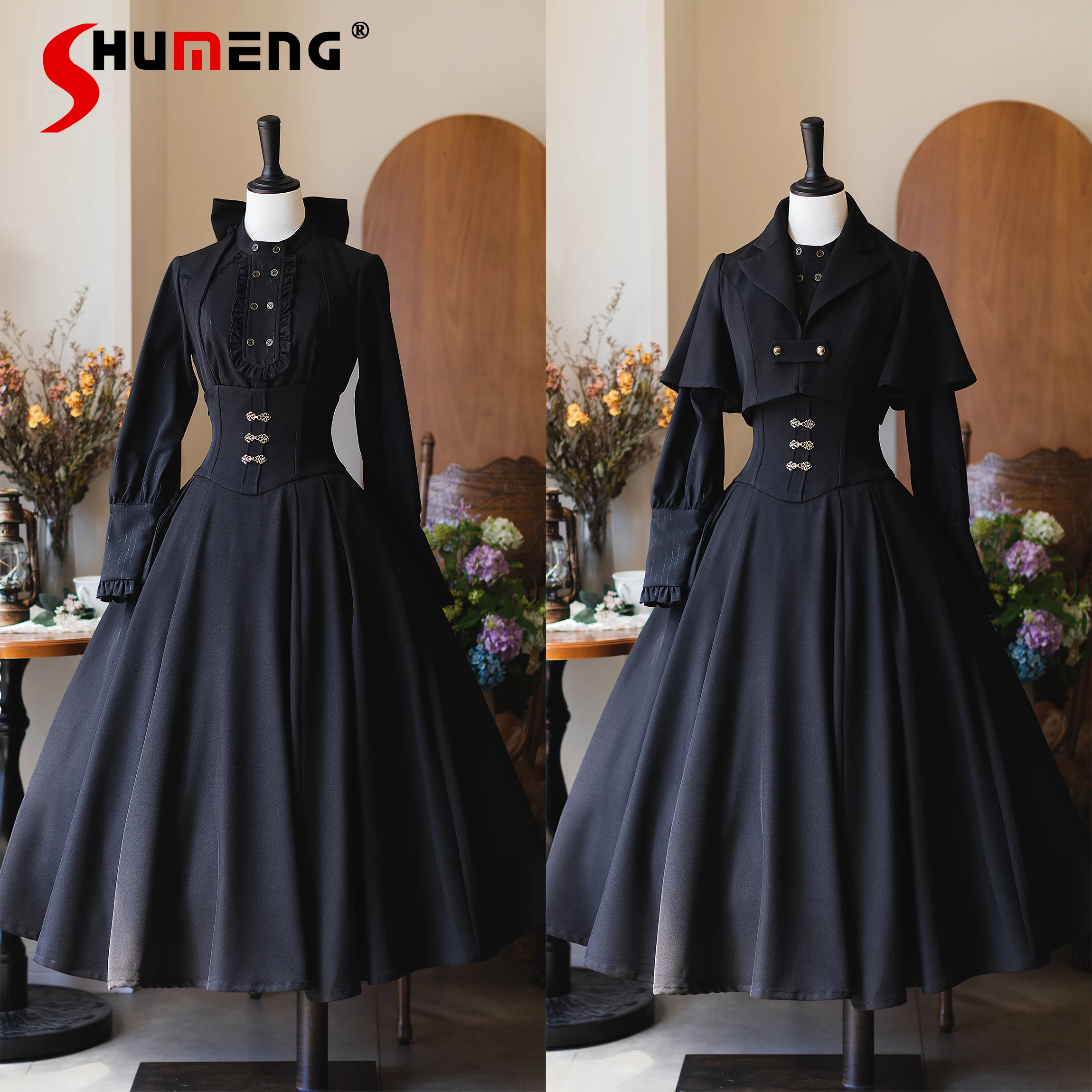 

Autumn Retro Fishbone Halter Jsk Dress Elegant Long Sleeve Shirt Short Cape Coat Classical Womens Dress Set Lolita Outfits