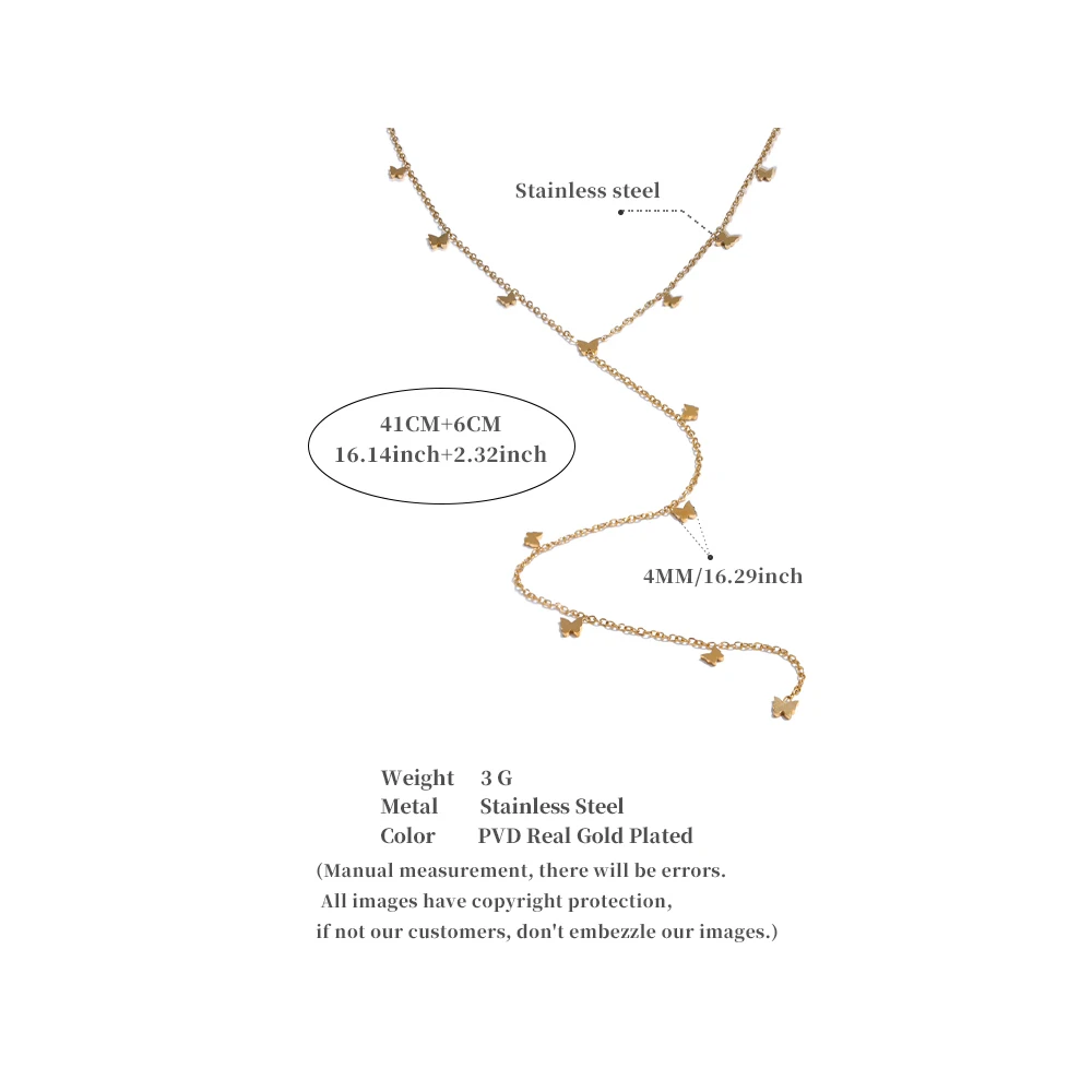 Yhpup Fashion Stainless Steel Small Butterfly Long Drop Necklace Gold Platinum PVD Plated Sexy Chic Thin Bib Chain Jewelry