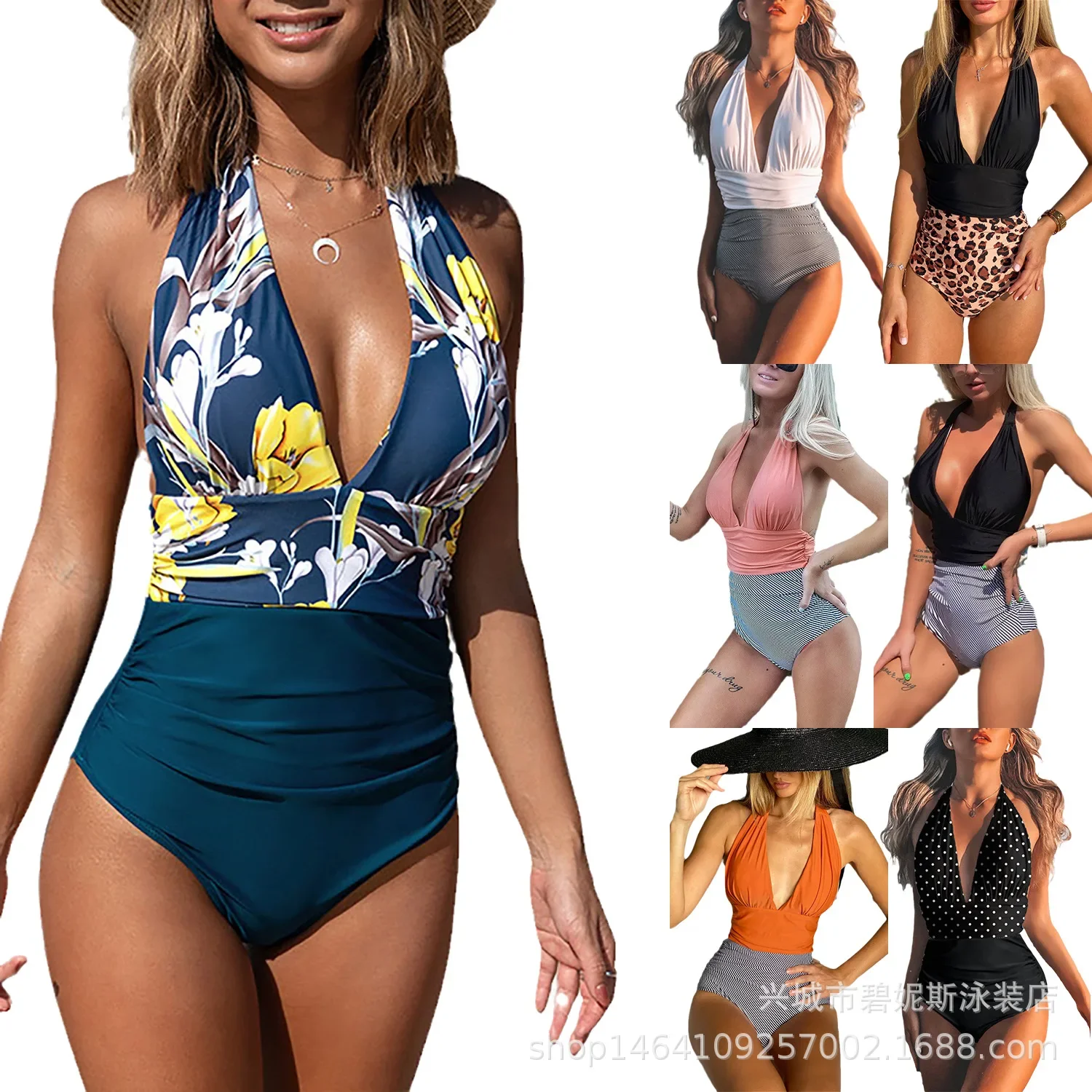 

Skinny Foreign Trade Swimsuit Women's One-piece Sexy Gradual Change European And American Neck Backless Swimsuit Women