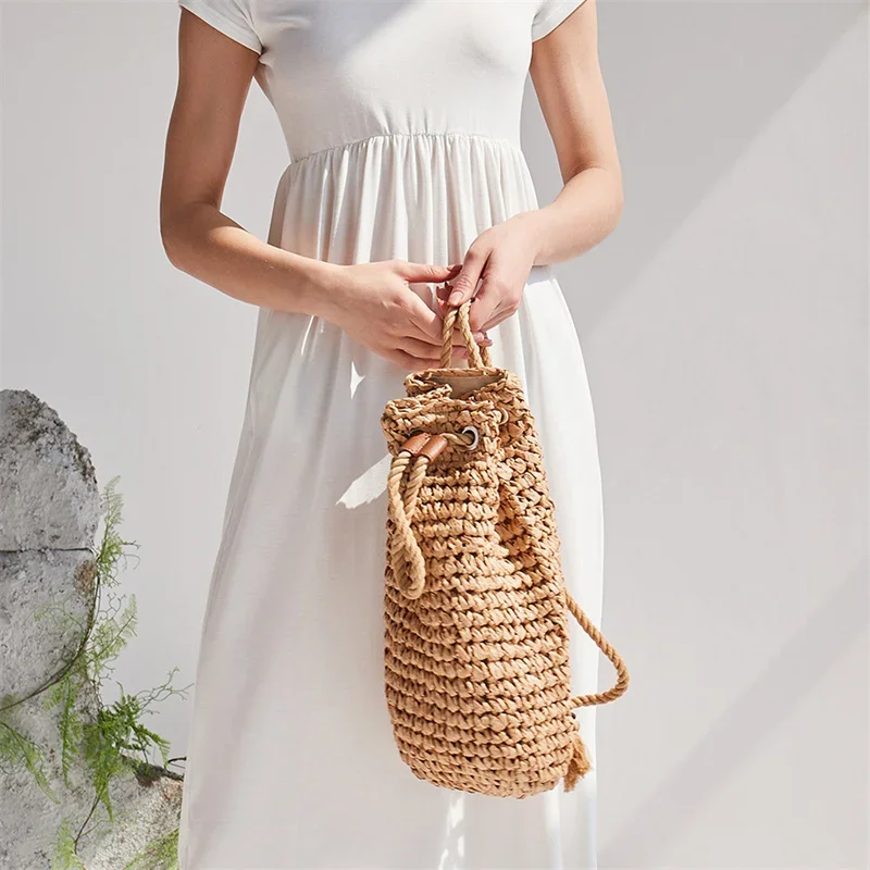 Women Summer Casual Straw Backpacks Handmade Drawstring Beach Shoulder Bags Ladies Raffia Rattan Woven Travel Handbags 2024