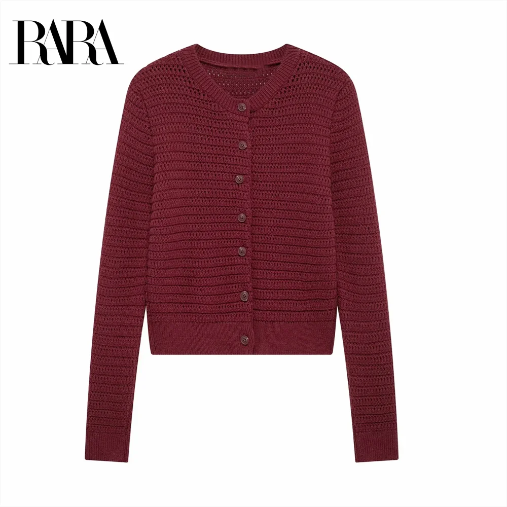 2024 RARA slim fit round neck long sleeve short knitted top autumn and winter new solid color design texture sweater