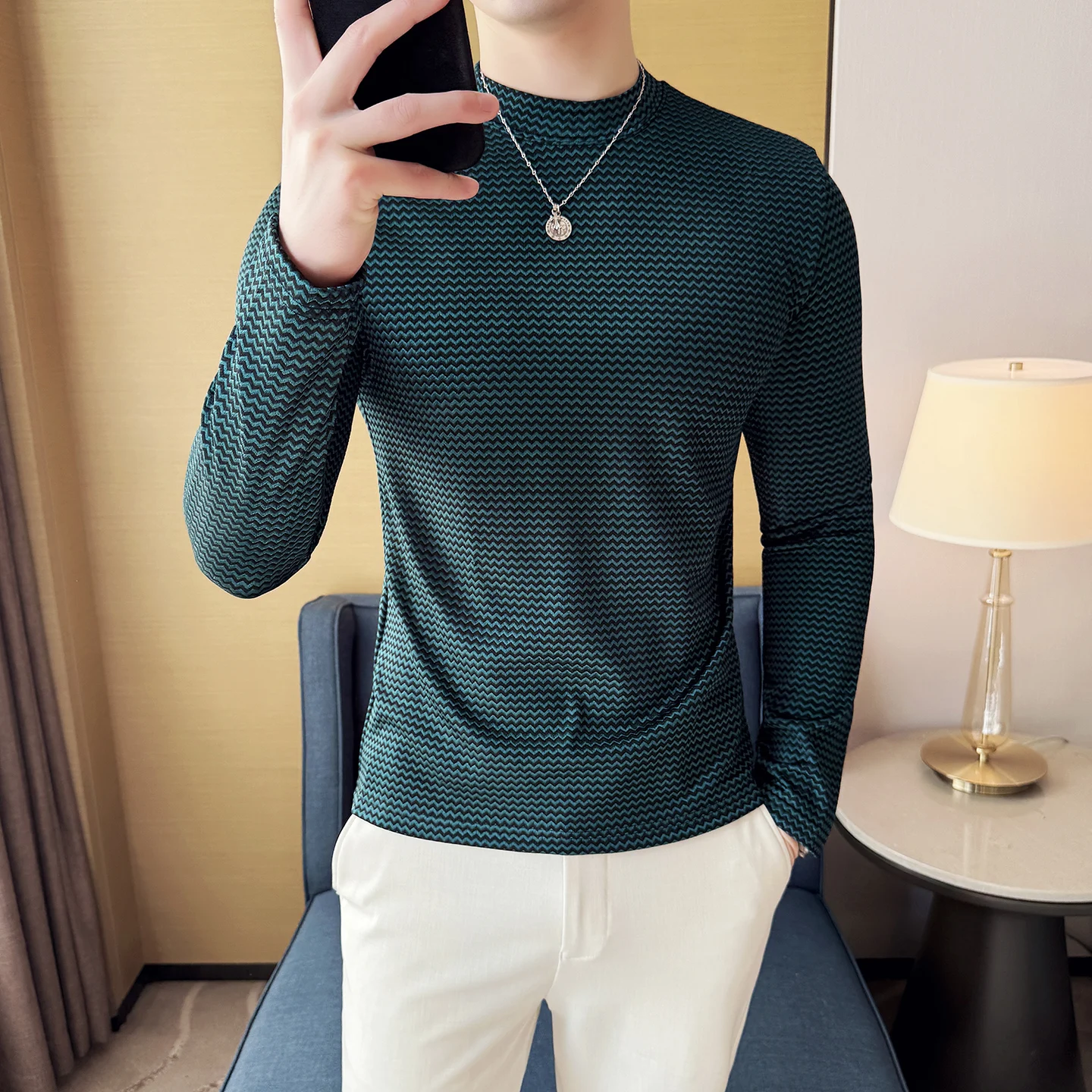 Autumn Winter Wave Half High Neck T-shirt Men's Slim Fit Casual Business Base Shirt Social Street Wear Pullover Men Clothing