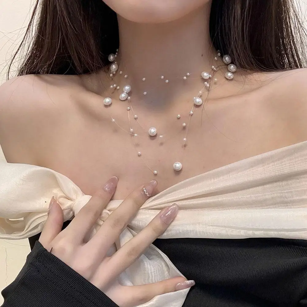 Elegant White Pearl Choker Necklace Women's Clavicle Chain Autumn/Winter Fairy Sweater Chain Multi-Layer Beaded Chain Necklace