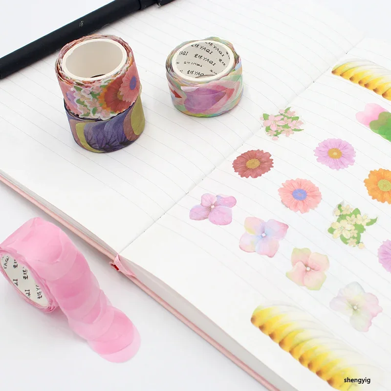 Cinta Washi de pétalos de flores para manualidades, rollo de pegatinas bonitas para álbum de recortes, cinta adhesiva de papel para diario, flores