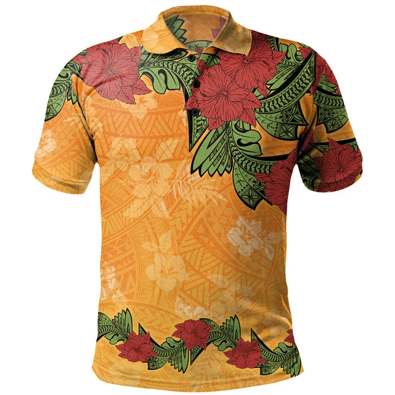 Polynesian Pattern Polo Shirt Men 3D Print Hibiscus Plumeria Flowers Short Sleeves T-shirt Button Loose Hawaiian Lapel T Shirts