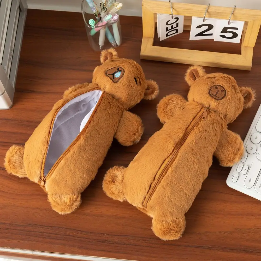 New Plush Capybara Pen Bag Cartoon Brown Stationery Bag Large Capacity Multifunctional Pen Box School Office Supplies