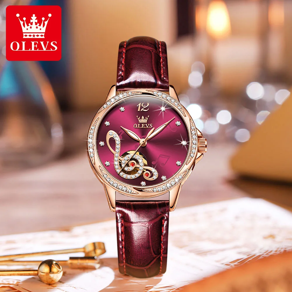 OLEVS Top Brand Luxury Women Watches Automatic Mechanical Leather Wristwatch Rhinestone Ladies Fashion Bracelet Set Gift