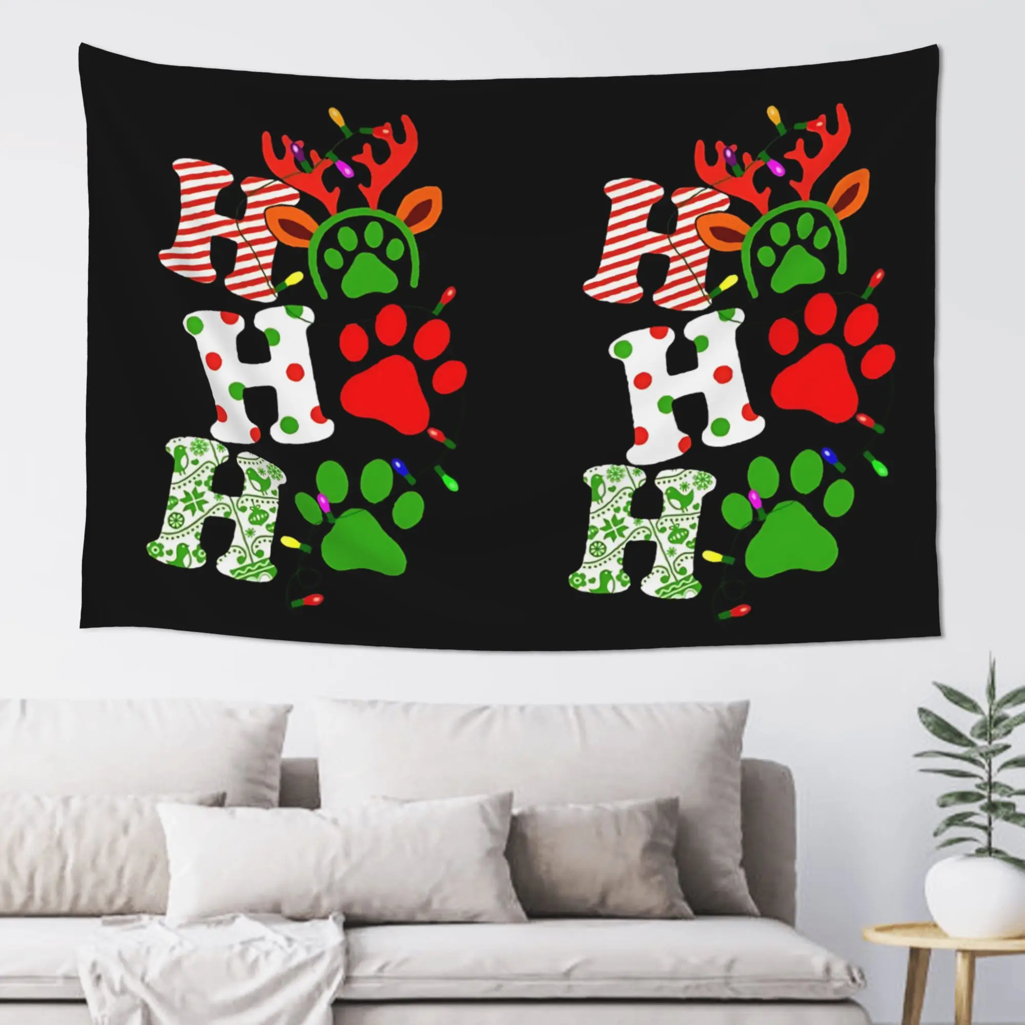 Ho Ho Ho Christmas Paw Dog Santa Laugh Customized Tapestry  Wall Hanging Blanket Tapestry Home Decor Items Wall Decorations
