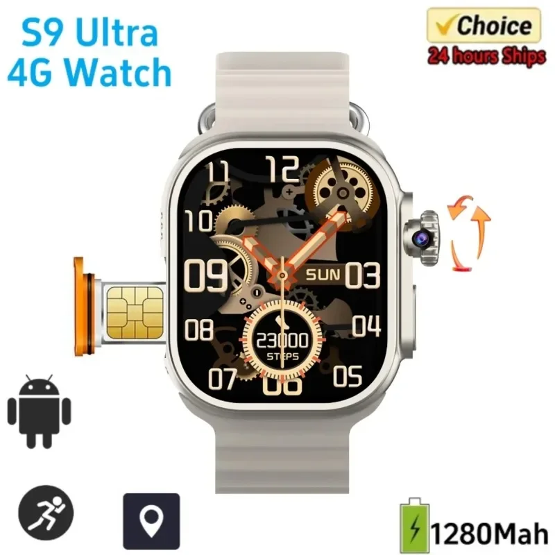S9Ultra4G Android Smartwatch Network بطاقة SIM 2.2 بوصة Amoled 180 °   كاميرا دوارة GPS WIFI Global Call Smart Watch Men Ultra 5G
