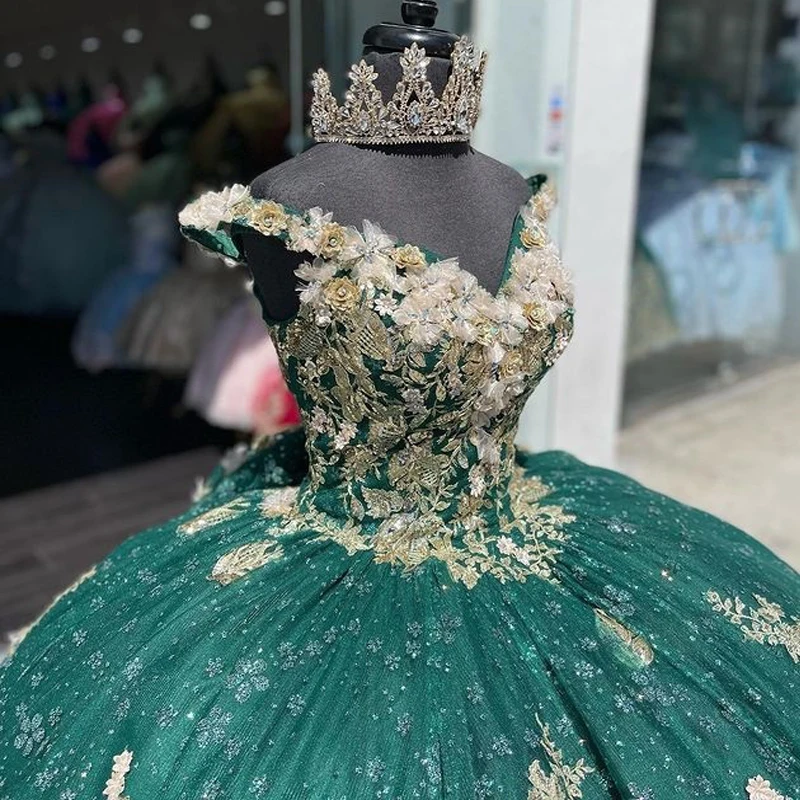 EVLAST-vestido De quinceañera verde esmeralda para niña, vestido De baile para niña De 16 Años, apliques dorados con cuentas, dulce 16 15, TQD004