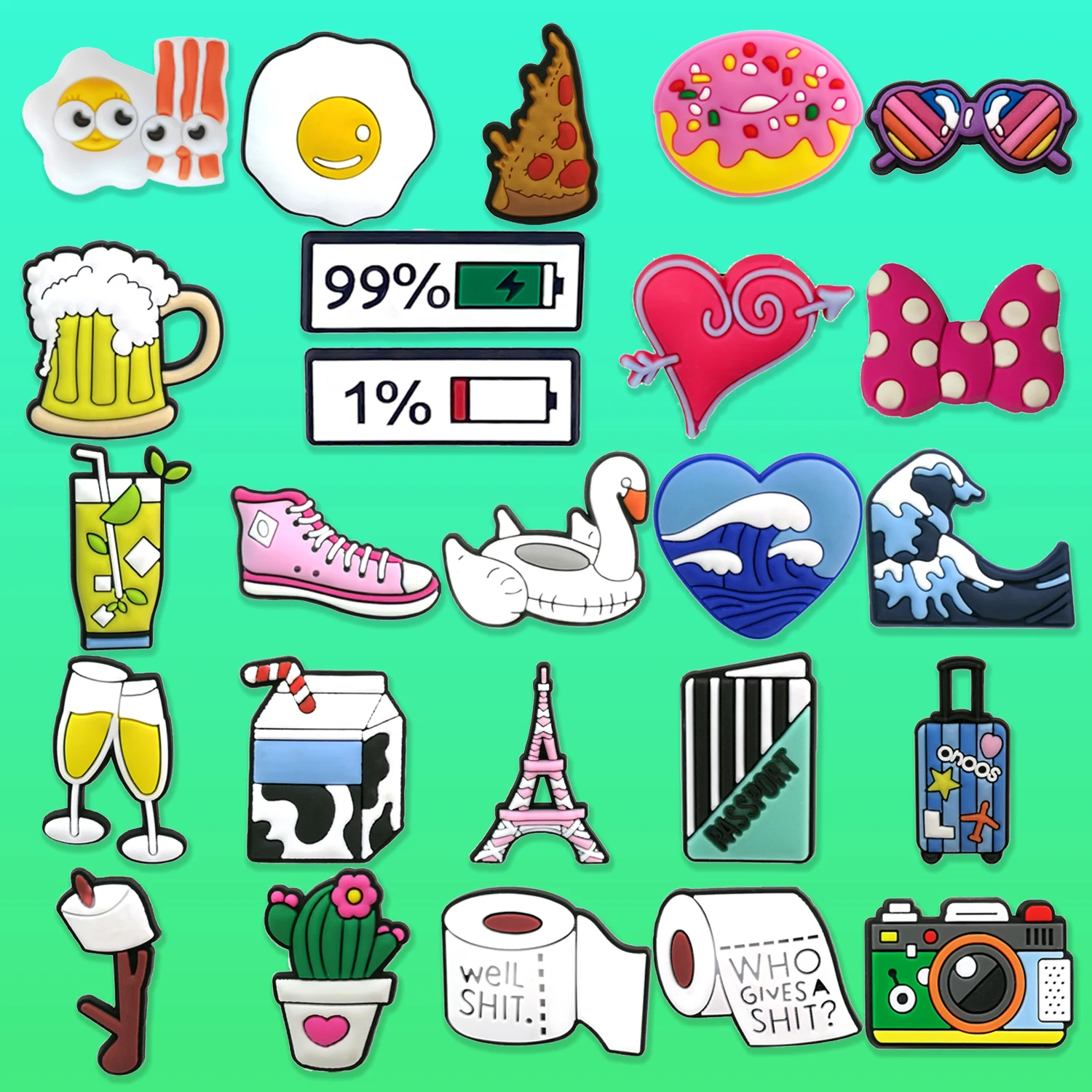 1/19pcs Luggage Camera Shoe Charms Accessories Beer Donuts Milk Omelette Shoe Decoration Sea Wave Clog Pin for Women Grils Gift