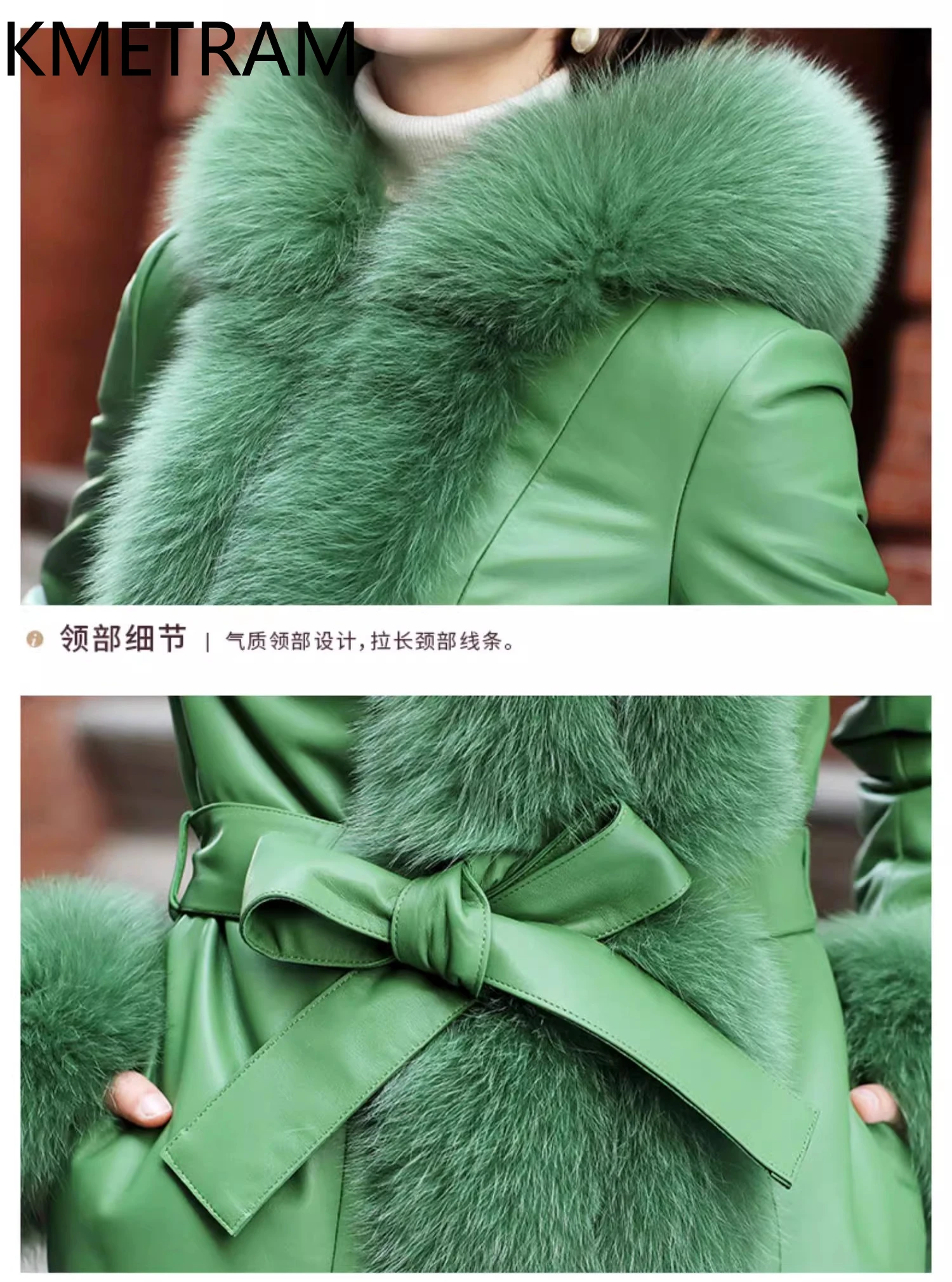 KMETRAM 100% جلد الغنم أسفل معاطف امرأة الأخضر جلد طبيعي سترة طويلة منفوخة مع غطاء محرك السيارة الثعلب الفراء طوق 2025 الملابس الشتوية #5