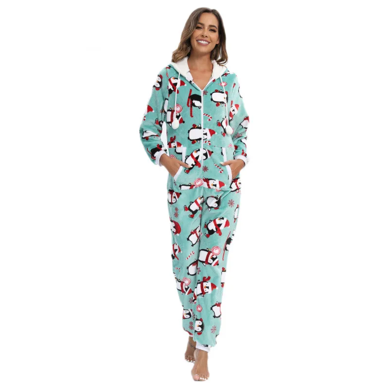 Autumn And Winter Women's Print Hooded Onesies Pajamas One Piece Flannel Zipper Jumpsuit Costume Fancy Sleepwear Pyjamas