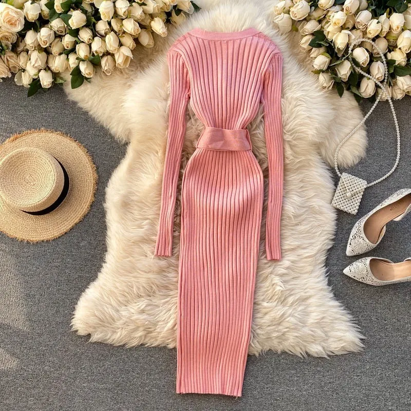 YuooMuoo Chic Fashion Sexy Package Hips Rib Knitted Bodycon Dress 2024 Autumn Winter Elegant Peal V-neck Sweater Dress with Belt