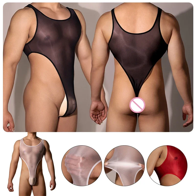 

Elastic Oil Shiny Glossy Men High Cut Bodysuit Stretchy Backless Leotard Sexy Playsuit Gay Man Transparent Rompers Erotic Linger