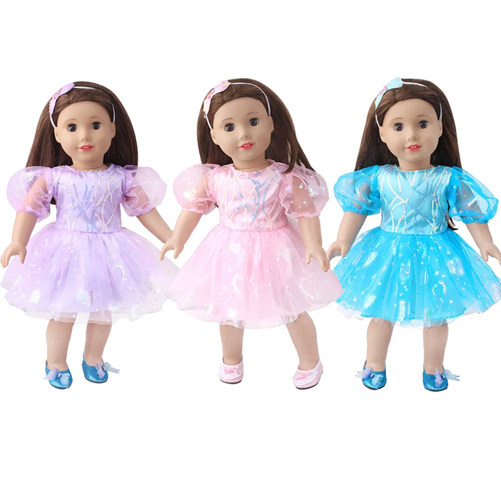 

Doll Clothes 18 Inch American Doll Girl Kawai Pink Blue Princess Yarn Skirt Hairband Fit 43Cm Baby Clothes Doll Accessories Gift