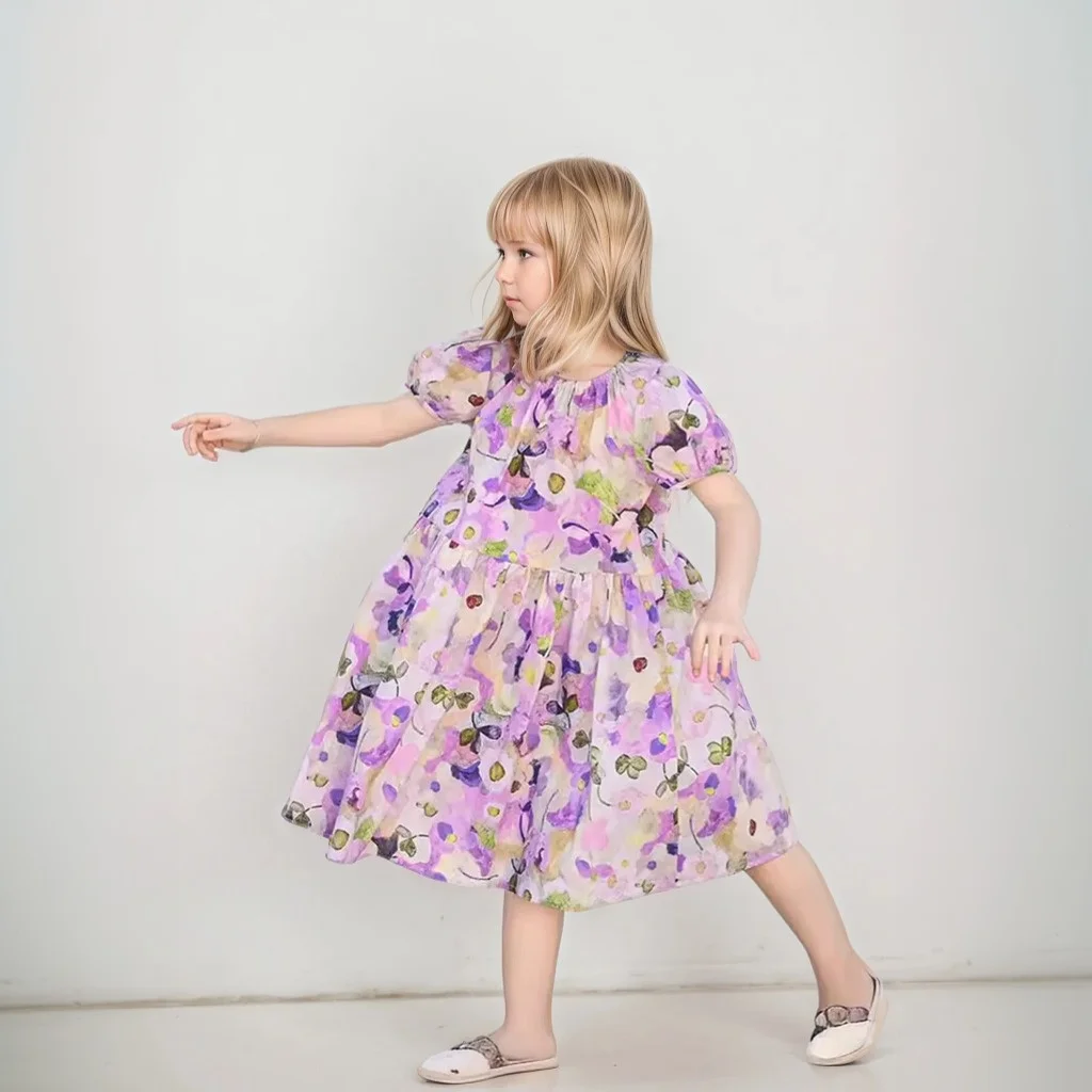 

Big Girls' Dress 2025 Summer New Girls' Round Neck Flower Print Flying Sleeve Dress Fashion Children's Print Dress 5-17 Years