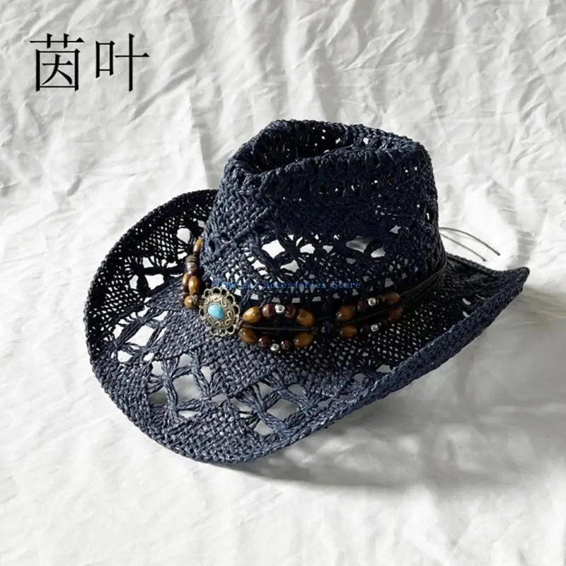 قبعة 97QE كاجوال من القش قابلة للتنفس مع حزام منسوج عرقي، قبعة شمسية واقية لعشاق الرياضة والمسافرين #2