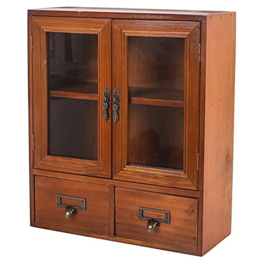 

Rustic Apothecary Cabinet - 12" L x 4.7" W x 14" H Vintage Pine Countertop Cabinet with 2 Shatterproof Clear Doors and 2 Drawer