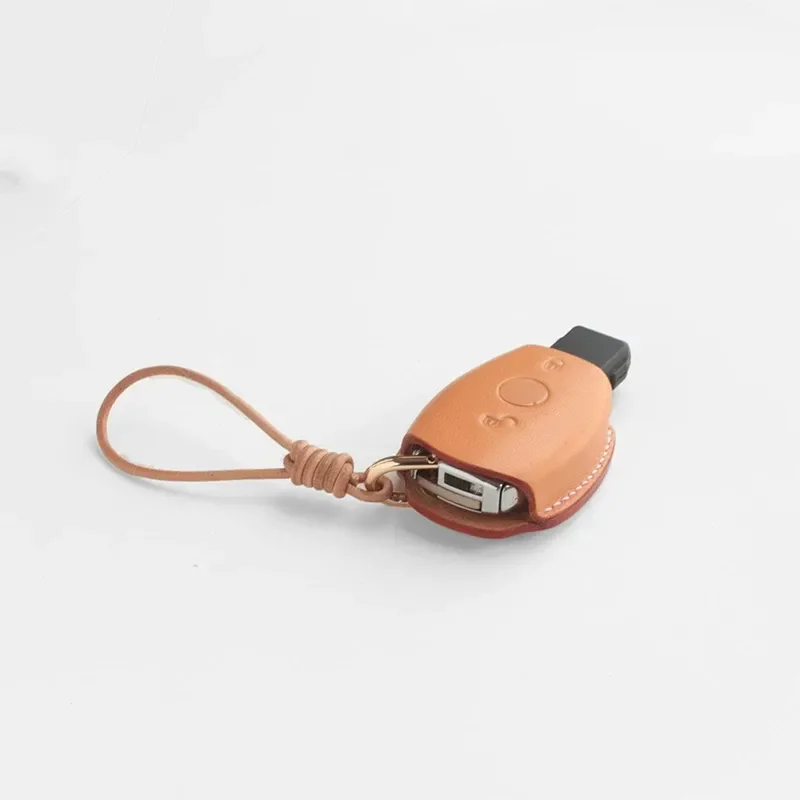 for Mercedes Benz Old Plug in Key Start Two Button Leather Hand Shaped Car Key Cover Bag with Chain