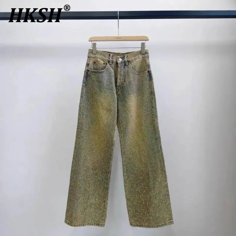 

HKSH Spring New Men Punk Tide Techwear Crystal Jeans Straight Long Denim Pants High Street Slimming Ins High Street Chic HK6225