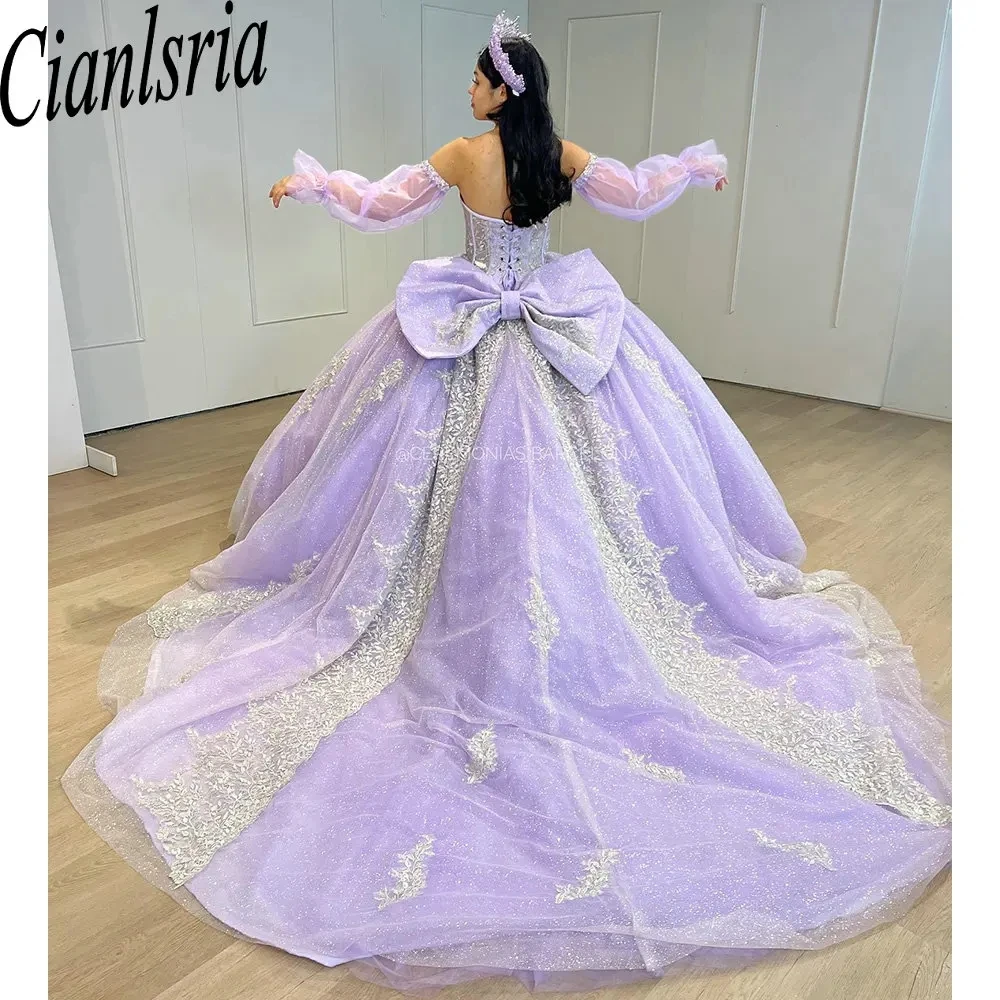 

Сиреневое бальное платье с кристаллами и бриллиантами, платья для Quinceanera со съемным рукавом, кружевной корсет с аппликацией и бантом, платья 15 лет