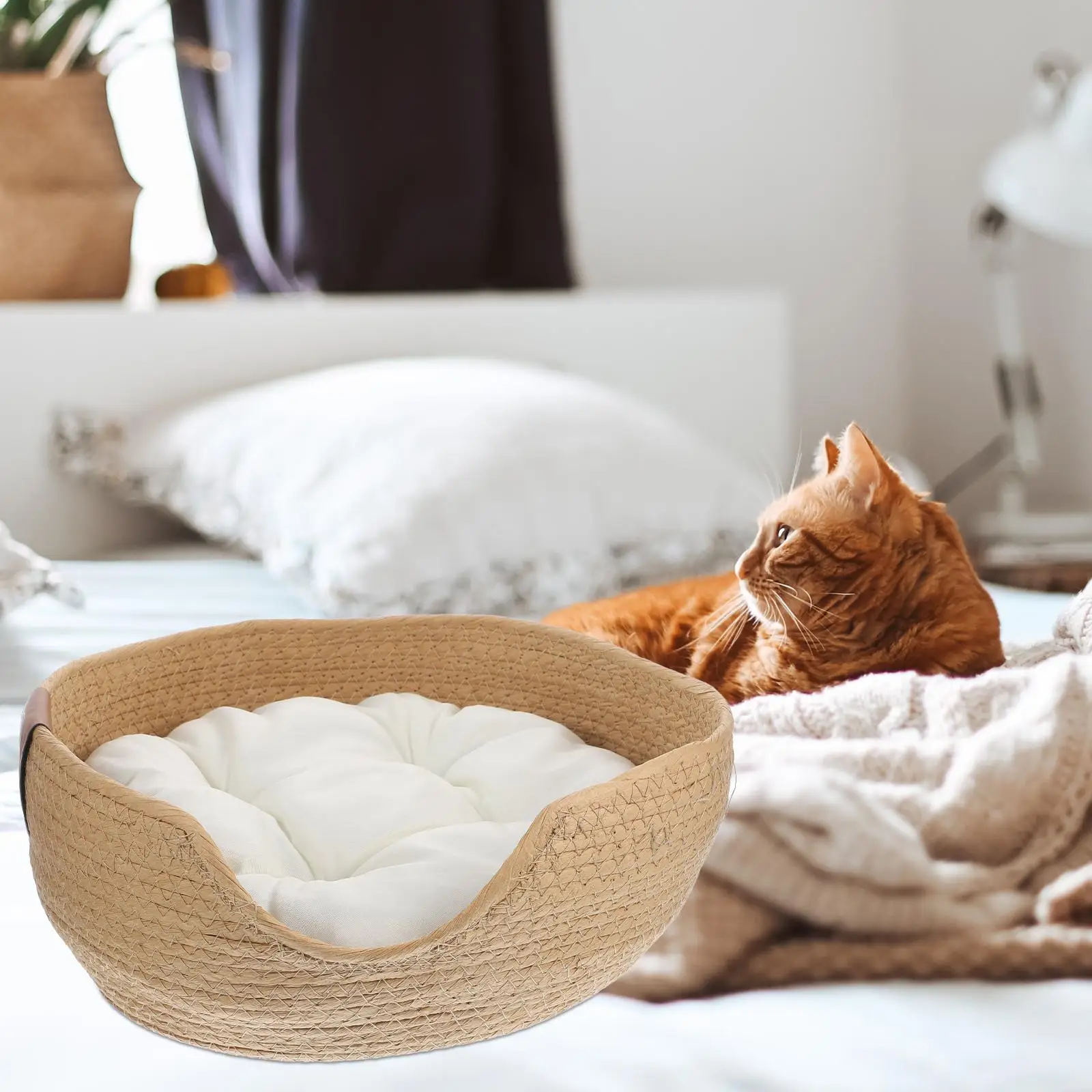   Casa de verano para mascotas, nido para dormir para cama de gatos, cesta para tejano, agujero de tejido de hierba de cola de gato