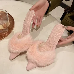 Spring Pointed Toe Mules Shoes 2024 Women Slippers Slip On Women Fashion Girls Comfrot Heel Shoes Party High Heel Fur Sandals