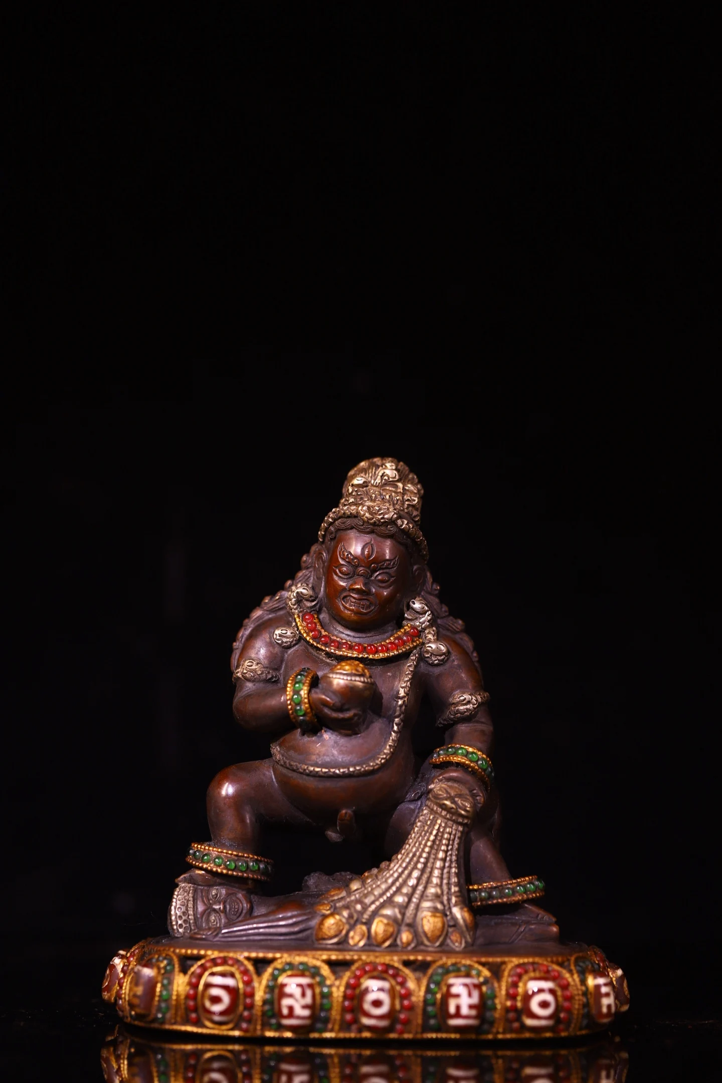 Old Purple Bronze Mosaic Gem gZi Beads Shell Black Jambhala lotus throne Sitting Buddha Worship Hall Town house