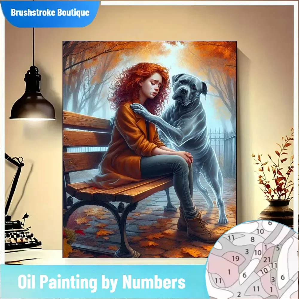 

Эмоциональная сцена женщины с призрачной собакой в осеннем парке. Набор цифровых масляных красок своими руками для взрослых. Рамка в комплект не входит.
