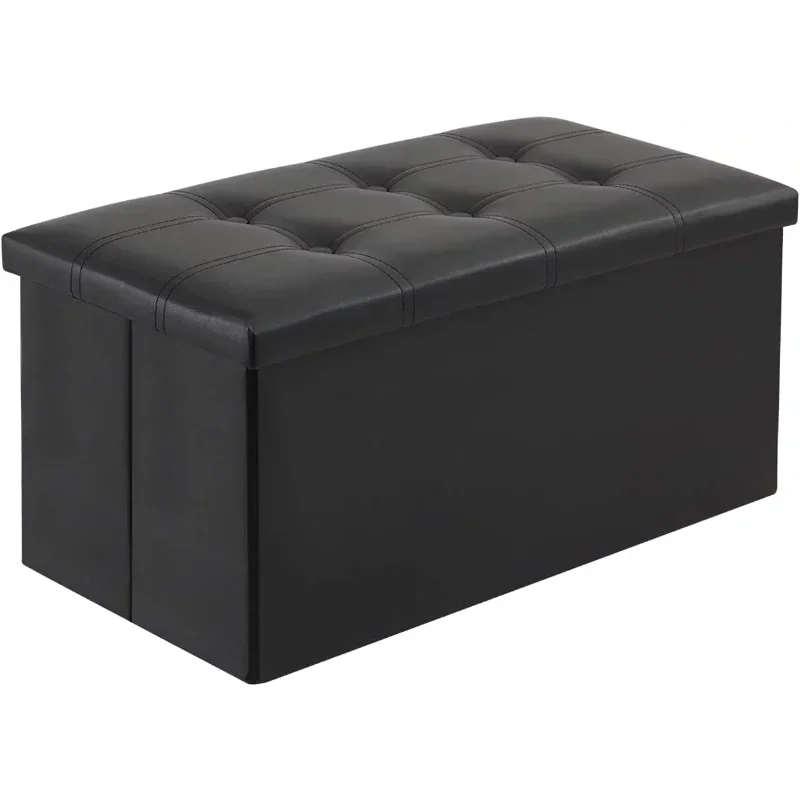

30 inches Storage Ottoman Bench, Folding Footrest Shoe Bench with 109L Storage Space, Faux Leather Black Footrest with