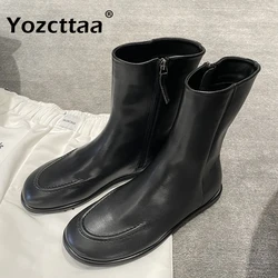 Yozcttaa Vintage Ankle Boots For Women Cow Leather Side Zipper Stitched Western Boots Round Toe Casual Flats Booties Size 35-40