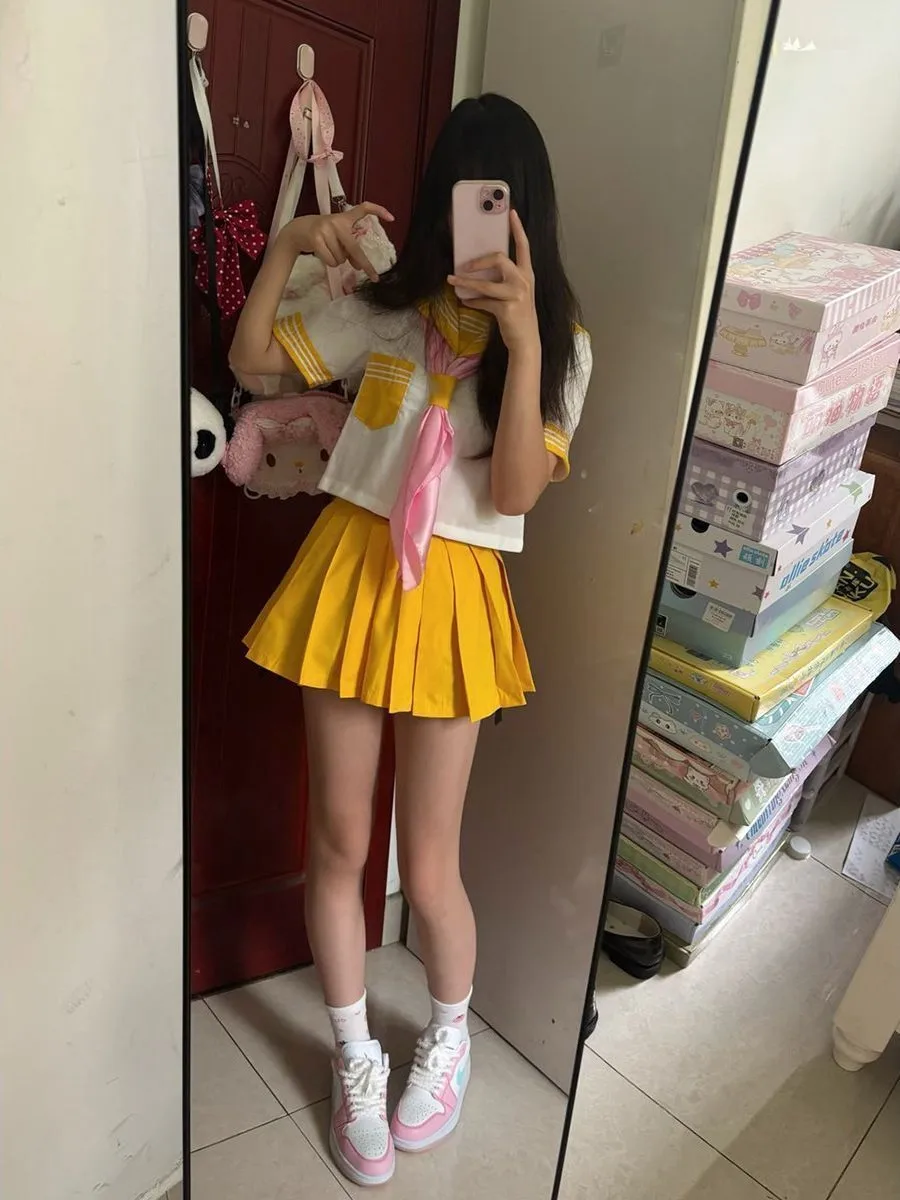 Authentic Japanese School Uniform Basic Yellow Three Books Sailor Suit Set Cute School Girl Pleated Skirt Outfit Polyester