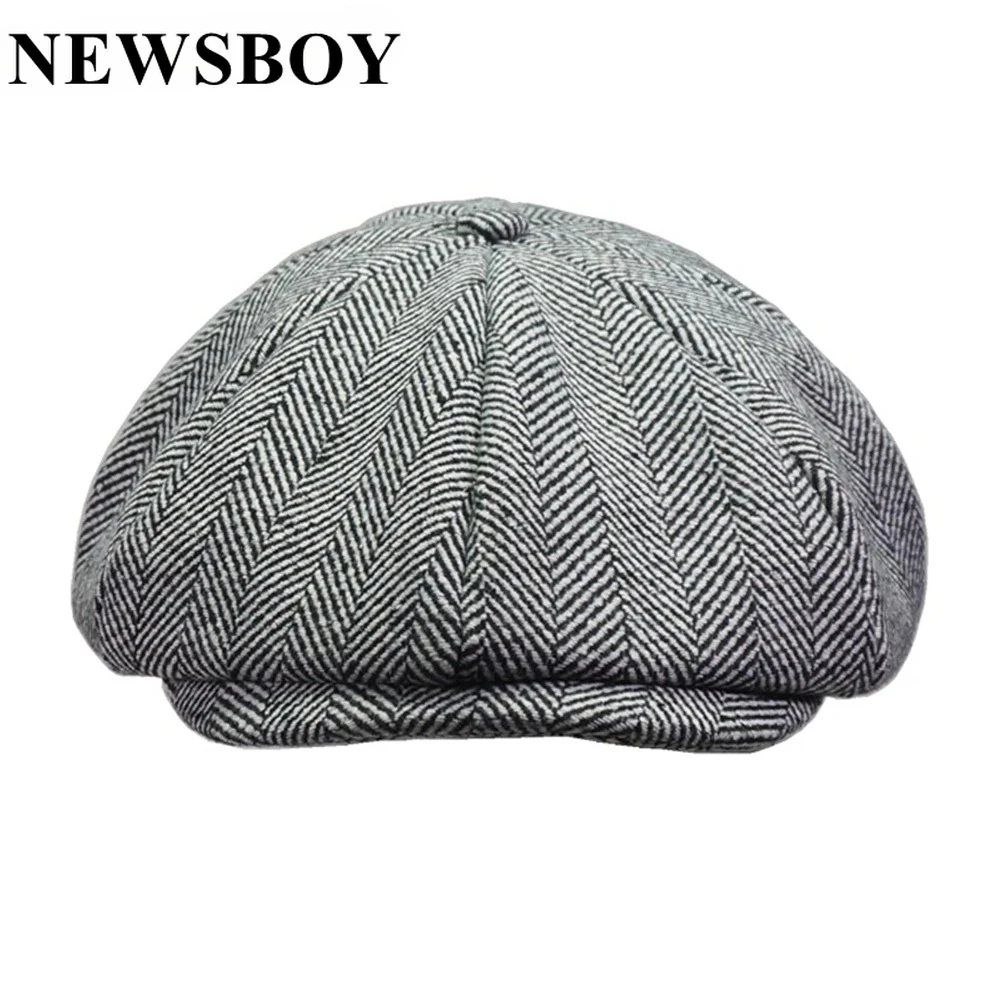 

NEWSBOY New Design Newsboy Cap Hat Men Women Wool Octagonal Hat Light Gray Herringbone British Style Male Beret Brand Flat Cap