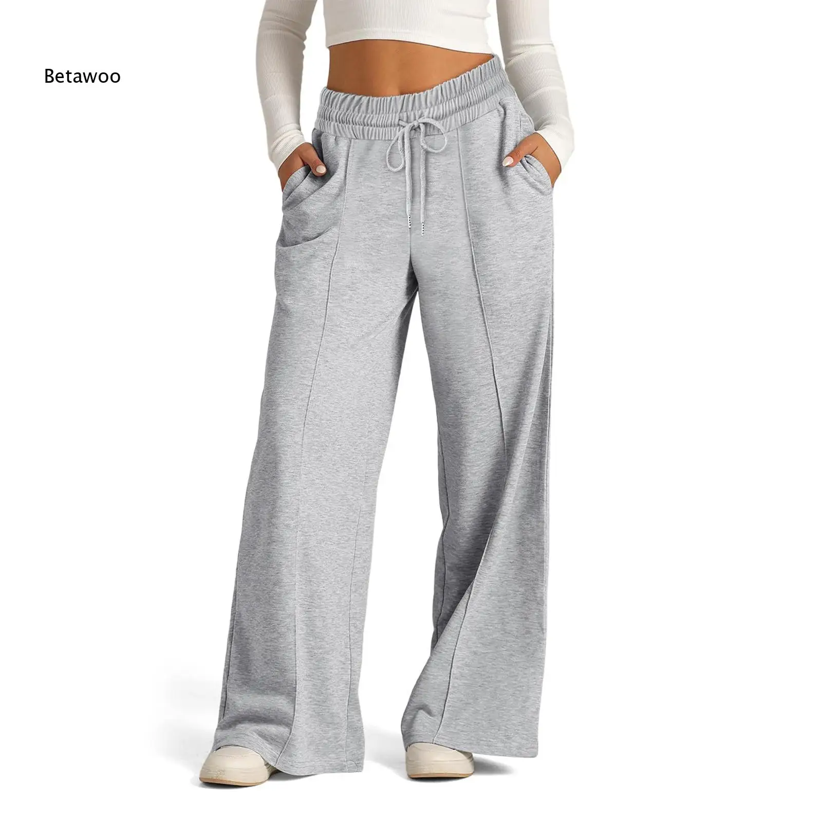 Khaki High Waist Drawstring Wide Leg Sweatpants