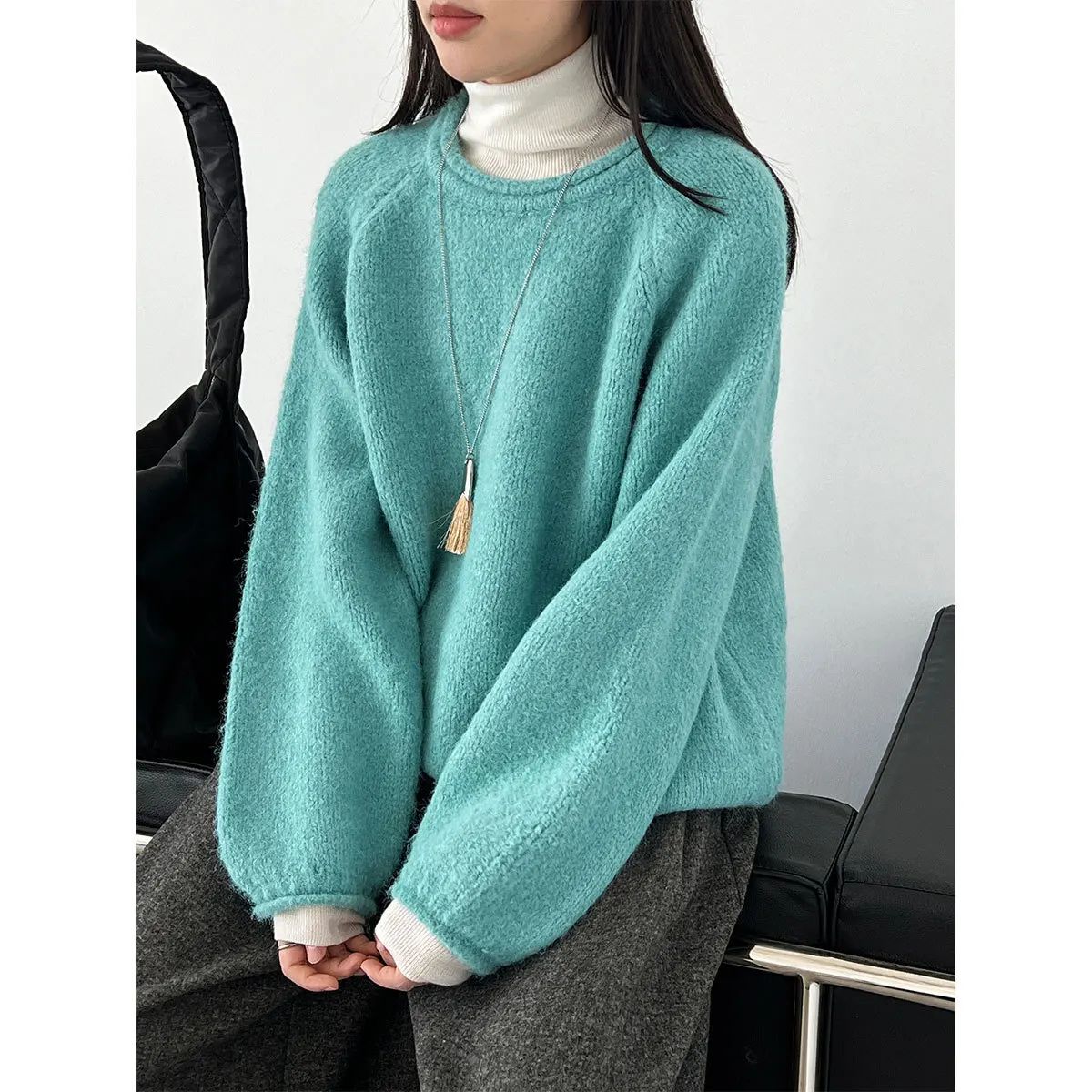 

Шерстяной свитер с круглым вырезом для женщин, осенний вязаный топ