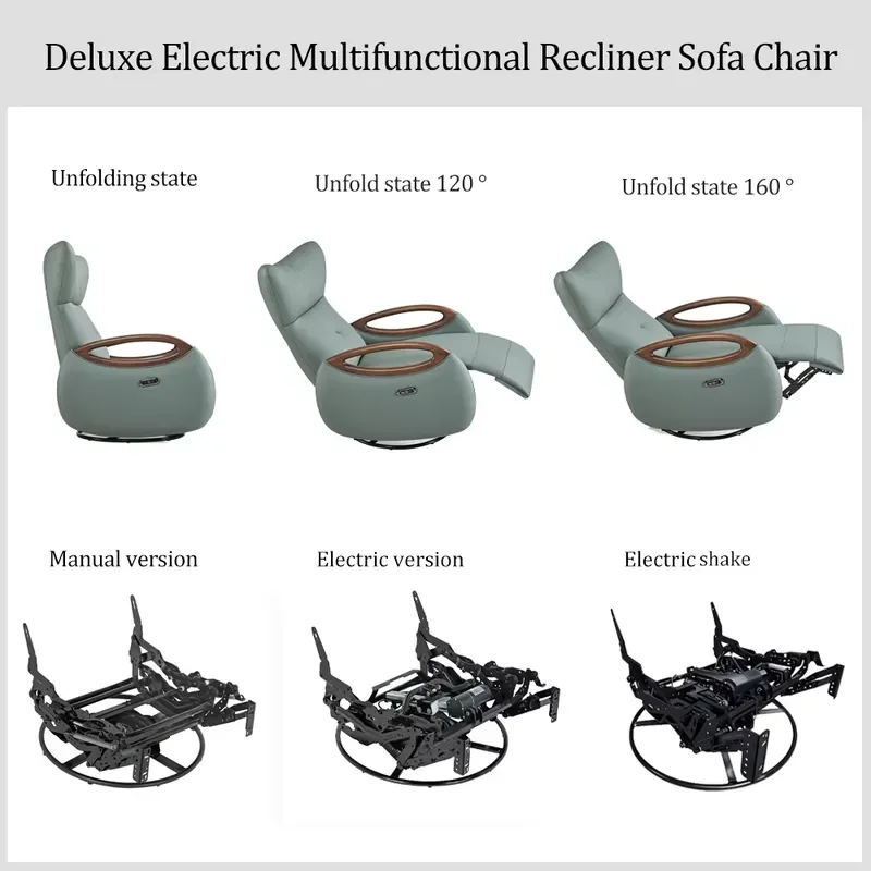 Electric Recliner Chair Single Sofa Genuine Leather Rotary Adjustable Extendable Curved Armrest Swivel Massage Wood Modern