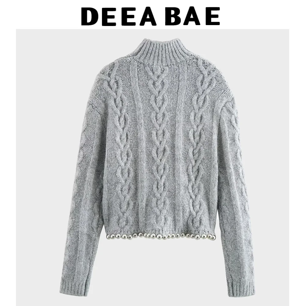 DEEABAE Women's Clothing Sales Ball Decoration Eight-strand Braided Comfortable Long-sleeved Stand-up Collar Knitted Pullovers