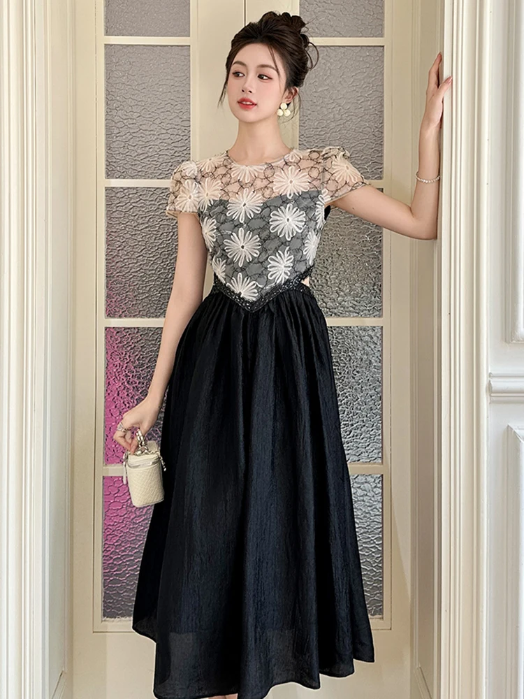 فستان رائع مثير للحفلات المسائية للنساء صدرية من الدانتيل مُزينة بنقشة الزهور بقماش شفاف رداء نسائي أنيق مستوحى من الطراز البهجة #2