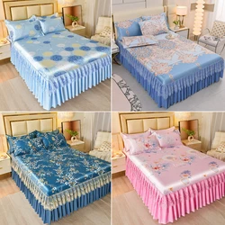 3 Pcs /lot Modern Royal Blue Bedspread Cool Bed Skirt Machine Washable Sheets Bed with Elastic Band for Queen King Size