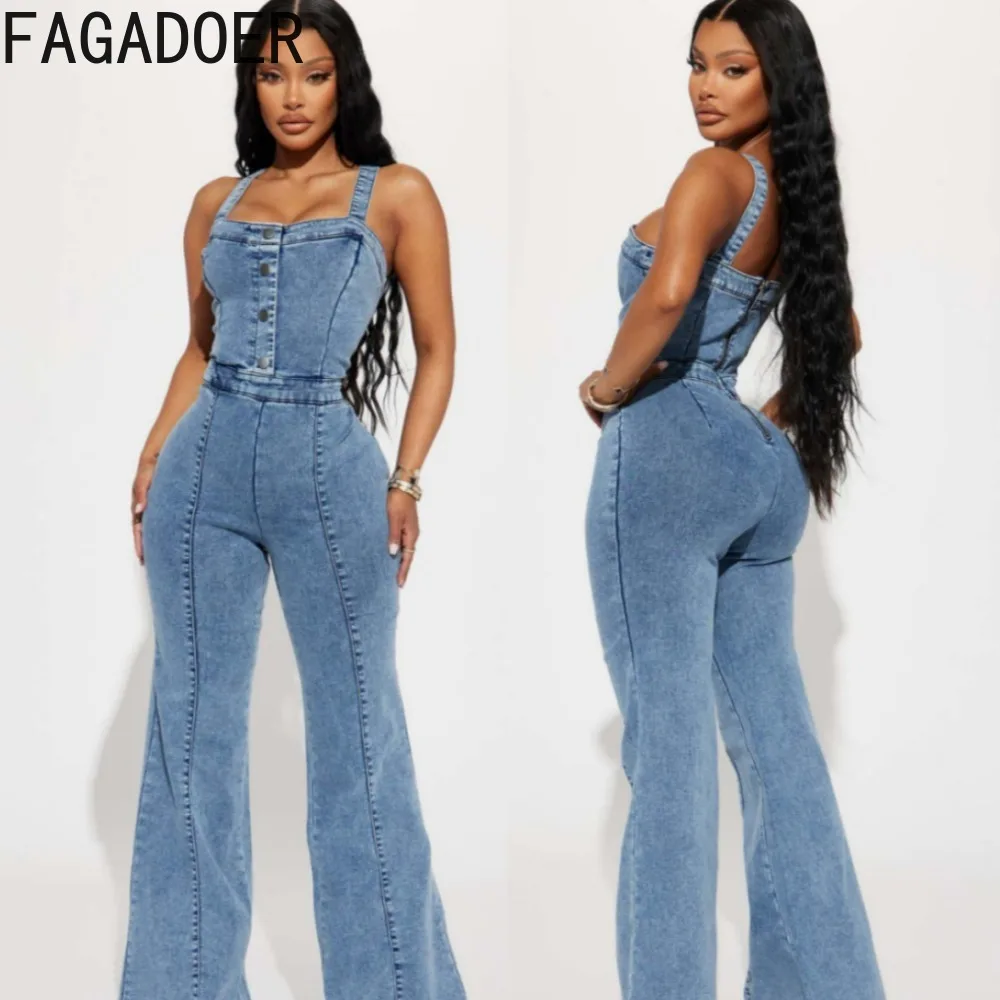 

FAGADOER Fashion Denim Strap Sleeveless Jumpsuits Women Slim Backless Flared Pants One Piece Playsuits Female Cowboy Overalls