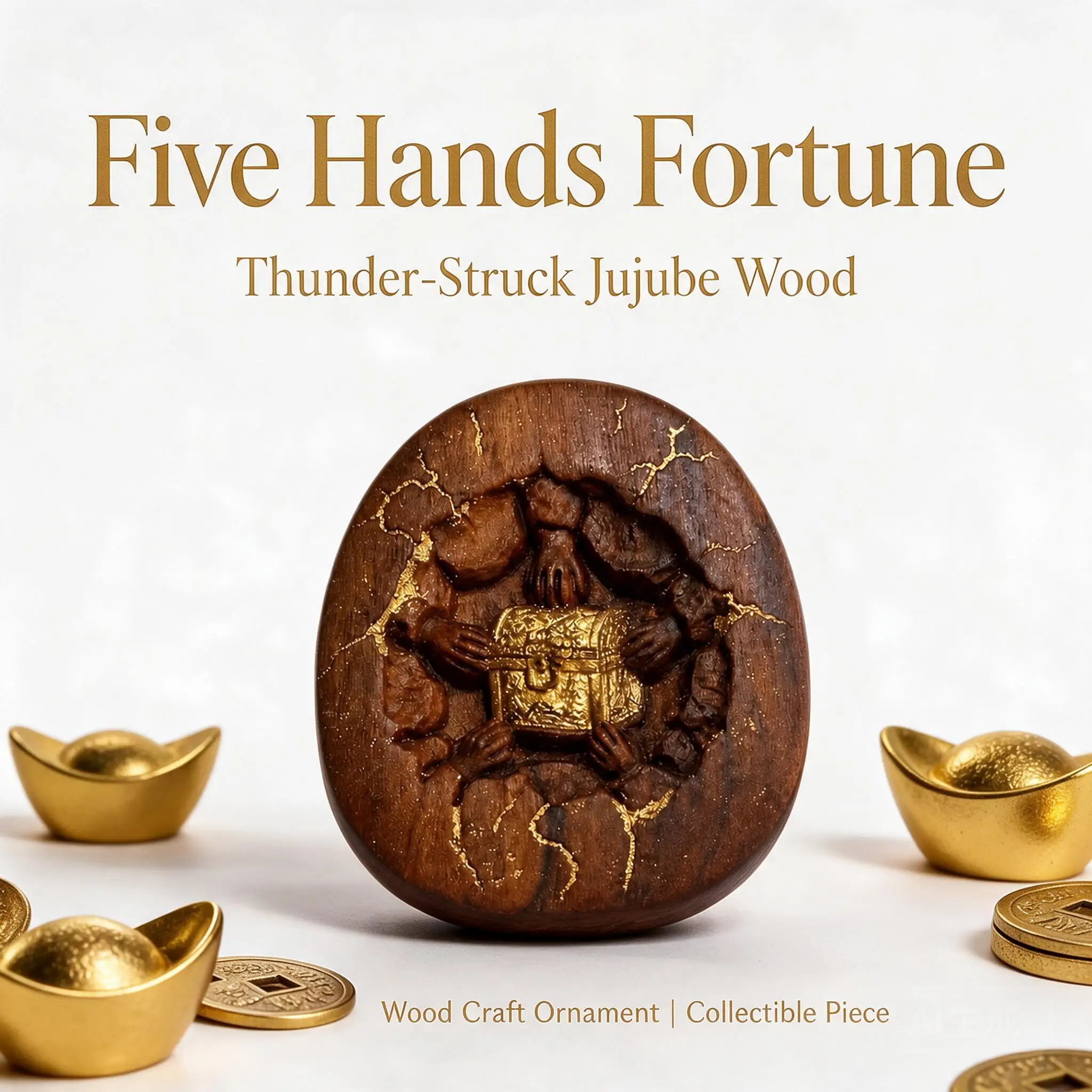 Chinese Taoist Handcarved Thunderstruck Jujube Wood Five Hands Wealth Pendant Lucky Auspicious Fortune Attracting Talisman Gift