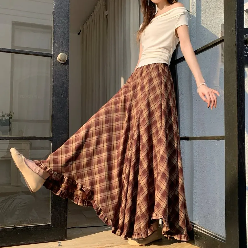 

Qiukichonson Mid Long Skirts Women Plaid Skirt 2026 Goth Vintage Spring Summer High Waisted Ruffles Asymmetrical Maxi Skirt rok