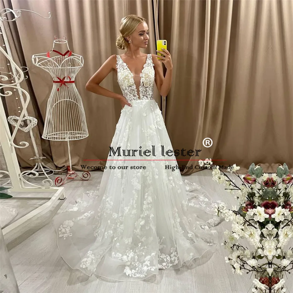 

Modern Tulle A Line Wedding Dresses V Neck 3D Floral Appliques Ivory Bridal Gowns Bespoke Bride Marriage Formal Party Clothing