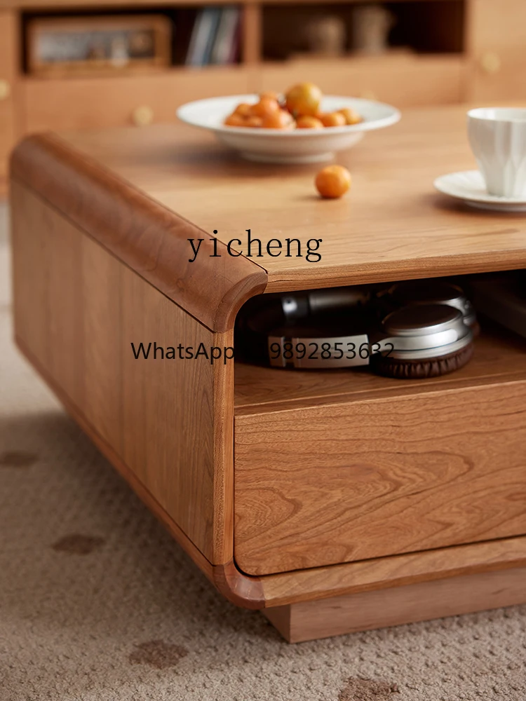 Floor Tea Table Cherry Wood Tea Table Living Room Furniture All Solid Wood with Drawer Tea Table Storage