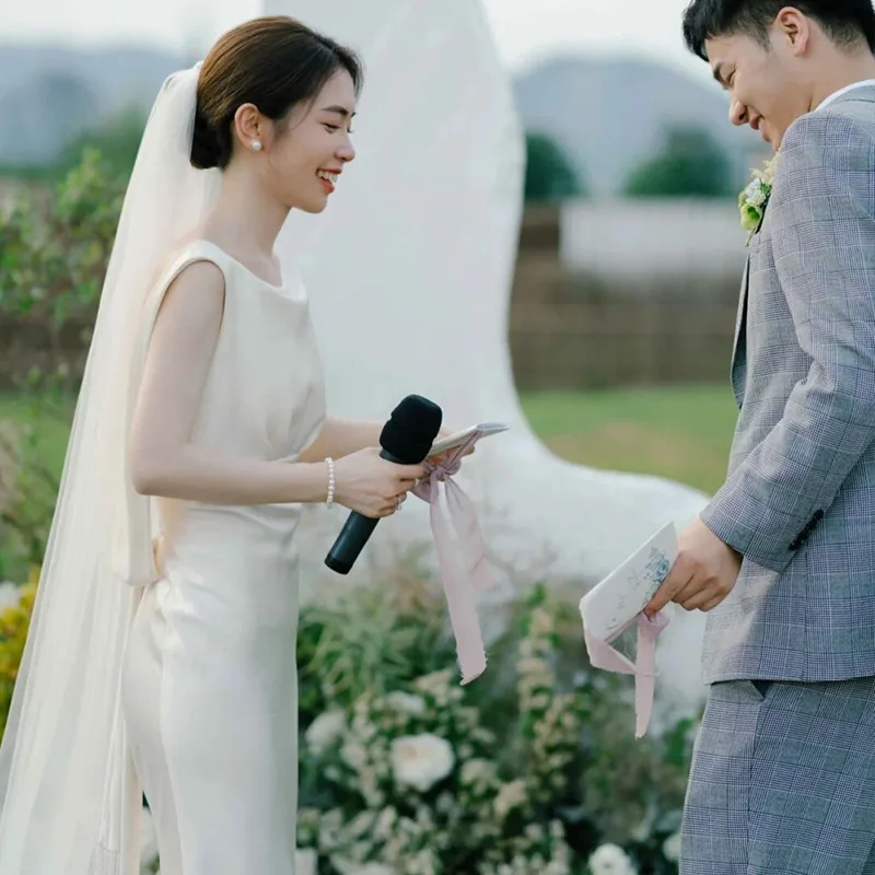 Vestido de novia de satén, nueva novia, estilo francés Hepburn, textura Simple, vestido para exteriores, césped, boda, gasa ligera
